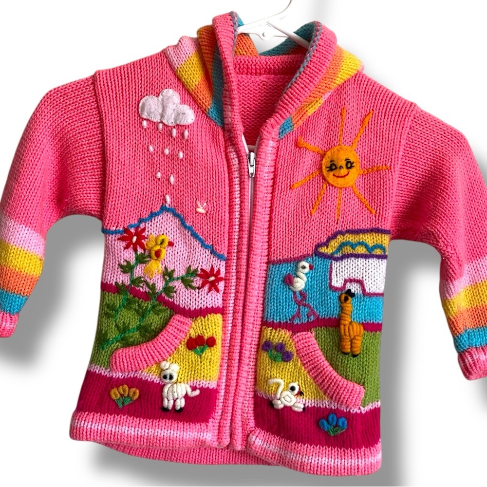 Toddler Kids Made in Peruvian Yasrn Embroidered Animal Full Zip Hoodie Sweater